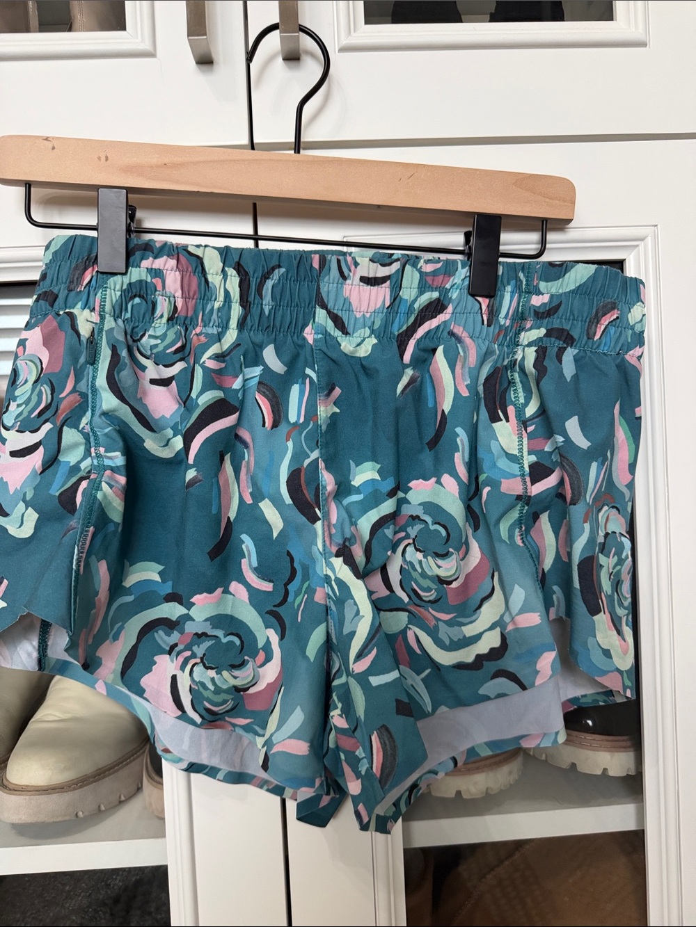 Athleta Teal Floral Print Athletic Shorts with Pink Accents